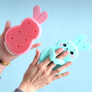 Multifunctional rabbit silicone cleaning brush with sponge base in pink and mint green