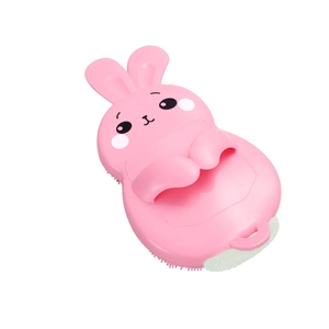 Pink rabbit silicone cleaning brush with soft bristles and hand strap for bath use