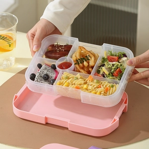 Fiambrera infantil moderna de 5 compartimentos en color rosa con bandeja clara