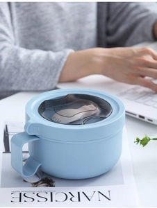 Light blue insulated noodle bowl with clear lid and integrated cutlery storage slot