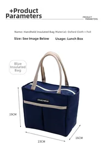 Vue détaillée du sac isotherme bleu en tissu Oxford avec doublure aluminium et poche