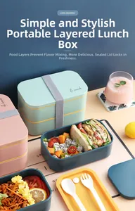 Dual-layer lunch box detail featuring cutlery, elastic strap, and fresh food compartments
