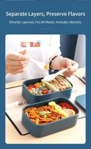 Dual-layer lunch box detail showing meal separation for pasta and fresh salad