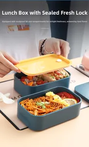 Detail of layered lunch box with yellow lid showing compartment storage and fresh food