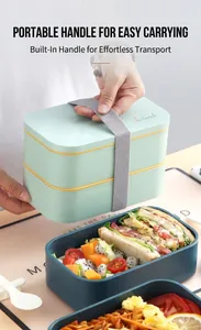 Detail view of a double-layer lunch box with elastic strap and mint green lid