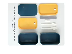 Flat lay of a detachable dual-layer lunch box set with utensils and elastic band