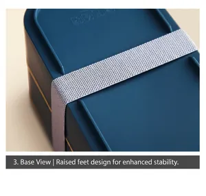 Detail of bento box non-slip base design and textured elastic strap for secure closure
