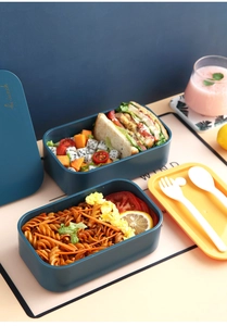 Detailed view of dual-layer lunch box set with utensils and secure lid for student meals