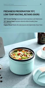 Internal view of a 304 stainless steel lunch box showing food and 360-degree heating tech