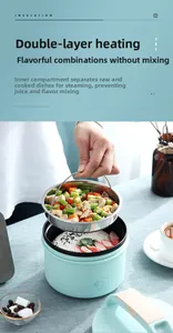Detail of portable mint green electric lunch box with dual-layer stainless steel compartments