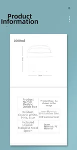 Detail of 1000ml stainless steel electric lunch box with dimensions and material specs