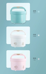 Detailed view of portable electric lunch boxes in blue, white, and pink with handle design
