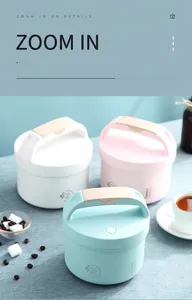 Three round electric lunch boxes in white, pink and blue with wood-grain handles and vent valve