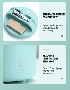 Detail of mint green electric lunch box with hidden cutlery storage and temp display