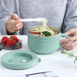 Japanese style stainless steel ramen bowl with handle, lid and spoon in light green