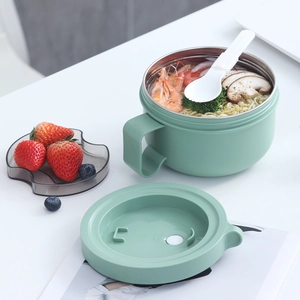 Mint green stainless steel ramen bowl with lid and folding spoon, large capacity 1000ml