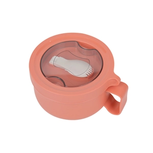 Coral orange stainless steel instant noodle bowl with a transparent lid and spoon slot