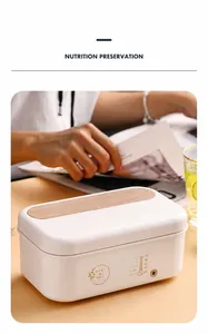 Detail of white electric heated lunchbox with digital temperature display and wood grain lid