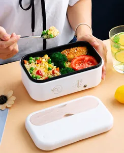 Detail of electric heated lunch box featuring adjustable temperature dial and non-stick liner