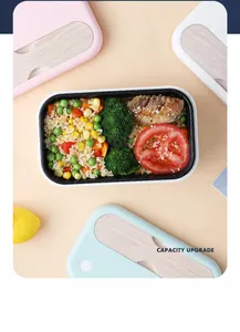 Detail view of large capacity electric lunch box with wood grain lid and macaron colors