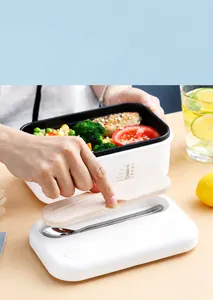 Detail showing the wood-grain storage lid and stainless steel spoon on the electric lunch box