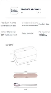 Detailed specs of 800ml electric lunch box with 304 stainless steel liner and spoon