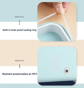 Detail zoom of the built-in leak-proof silicone seal and DC power port of the blue bento box
