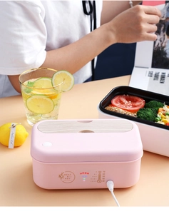 Boîte chauffante rose avec couvercle en bois, cadran de température et cordon secteur