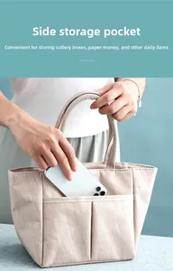 Detail view of beige insulated lunch bag featuring an external side pocket for smartphones