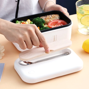 Boîte à déjeuner électrique en inox minimaliste avec couvercle en bois et écran thermique