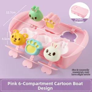 Pink silicone popsicle mold with 6 cute cartoon shapes and heart-shaped handle sticks