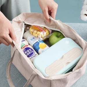 Insulated beige canvas lunch bag with wood grain lid box and silver foil lining