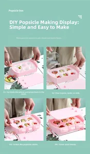 Four-step guide showing how to use the pink DIY popsicle mold with fruit and juice