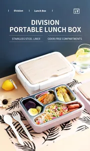 Détail de la boîte à lunch en inox à 4 compartiments avec couvercle effet bois