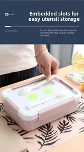 Detail of built-in utensil storage slot with spoon and fork for portable lunch box