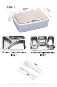 Detail view of 920ml stainless steel lunch box with size labels and wood-texture lid