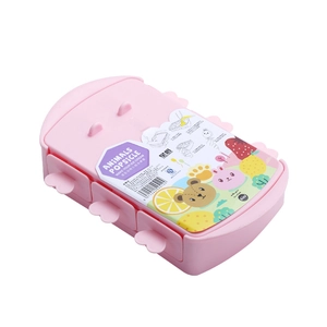 Pink animal themed 6-cavity popsicle mold with heart-shaped handles and safety labels