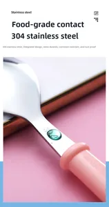 Detail of pink handle and 304 stainless steel spoon with food grade safety marking