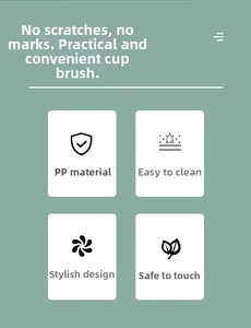 Detailed feature chart for PP cup brush showing easy cleaning and safety features