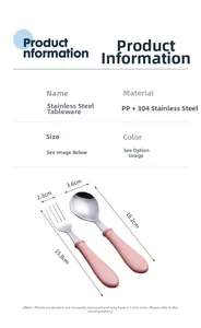 Size chart for 304 stainless steel kids spoon and fork set with dimensions and PP handles