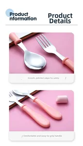 Detail view of pink stainless steel kids fork and spoon set with ergonomic thick handles