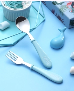 Detailed view of 304 stainless steel blue kids spoon and fork set for outdoor travel