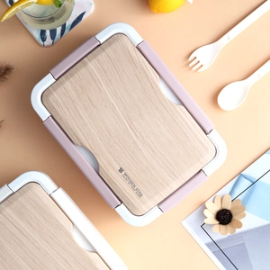 Minimalist 304 stainless steel lunch box with wood texture lid and purple latches