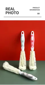 Three multi-colored telescopic bottle brushes with ergonomic handles and hanging hooks
