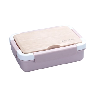 Pink stainless steel bento box with wooden style lid and side buckles for secure sealing