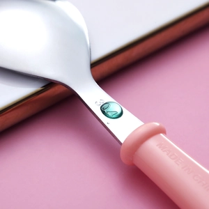 Polished 304 stainless steel spoon with pink handle and engraved material details