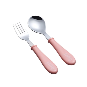 Kid portable 304 stainless steel fork and spoon set with pink ergonomic silicone handles
