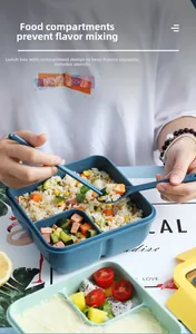 Dettaglio del portapranzo a scomparti blu e verde con set di posate abbinate