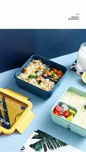 Dettaglio del portapranzo a più scomparti con contenitori blu e verdi e coperchi trasparenti