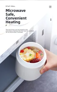 Food-grade breakfast soup cup shown in microwave with soup and snap seal lid removed